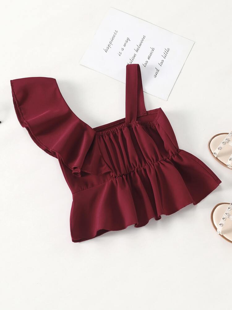 Toddler Girls Ruffle Trim Asymmetric Neck Peplum Blouse - Burgundy - View 2