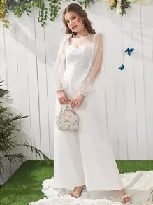 Modelyn Dobby Mesh Zip Back Culottes Jumpsuit - White - View 3