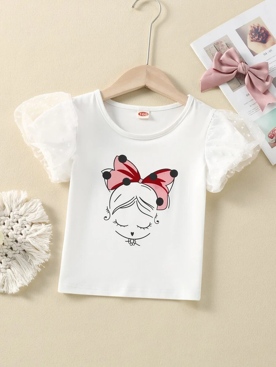 SHEIN Toddler Girls Figure Graphic Contrast Mesh Tee - White - View 1