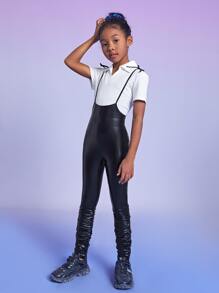 SHEIN Girls Ruched PU Leather Jumpsuit - Black - View 1