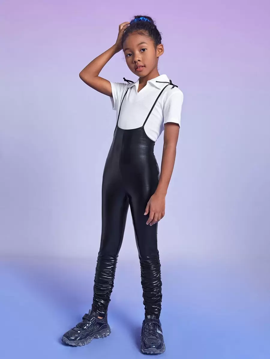 SHEIN Girls Ruched PU Leather Jumpsuit - Black - View 1