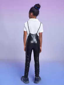 SHEIN Girls Ruched PU Leather Jumpsuit - Black - View 2