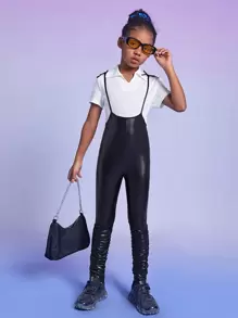 SHEIN Girls Ruched PU Leather Jumpsuit - Black - View 4