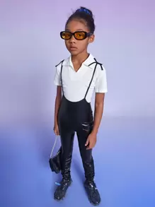 SHEIN Girls Ruched PU Leather Jumpsuit - Black - View 5