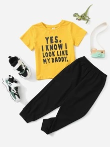 SHEIN Leap Crew Chàng trai trẻ Đồ họa Khẩu hiệu Bộ áo Tee & quần nỉ - Nhiều màu - Xem 1