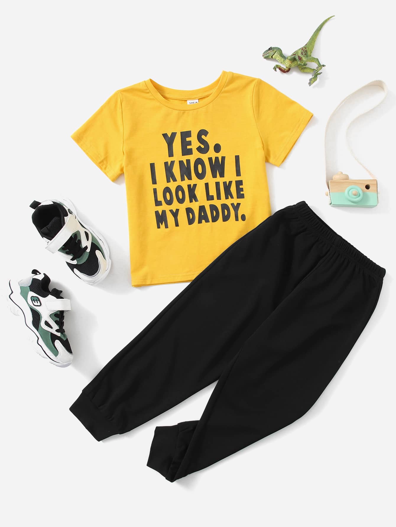 SHEIN Leap Crew Chàng trai trẻ Đồ họa Khẩu hiệu Bộ áo Tee & quần nỉ - Nhiều màu - Xem 1