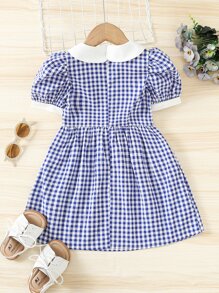 小女童格子圖案拼接娃娃領泡泡袖洋裝 - 藍色 - 查看 2