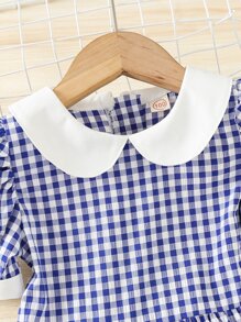 小女童格子圖案拼接娃娃領泡泡袖洋裝 - 藍色 - 查看 4