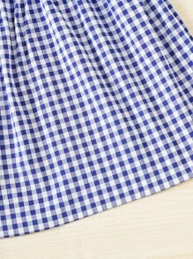 小女童格子圖案拼接娃娃領泡泡袖洋裝 - 藍色 - 查看 6