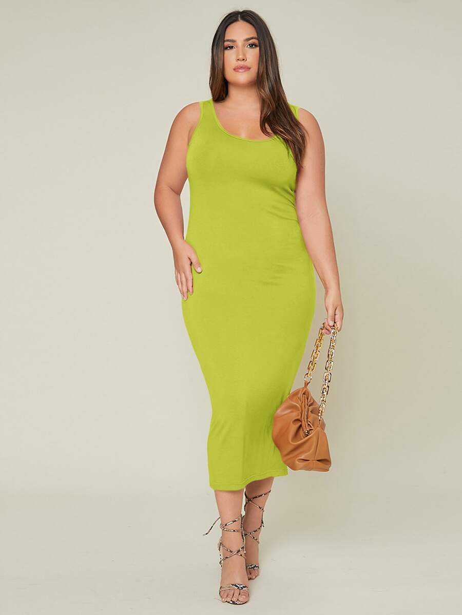 SHEIN BASICS Plus Solid Bodycon Dress - Lime Green - View 1