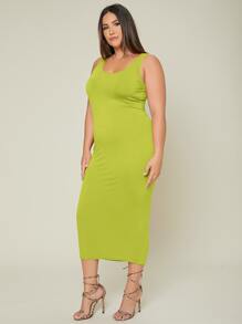 SHEIN BASICS Plus Solid Bodycon Dress - Lime Green - View 3