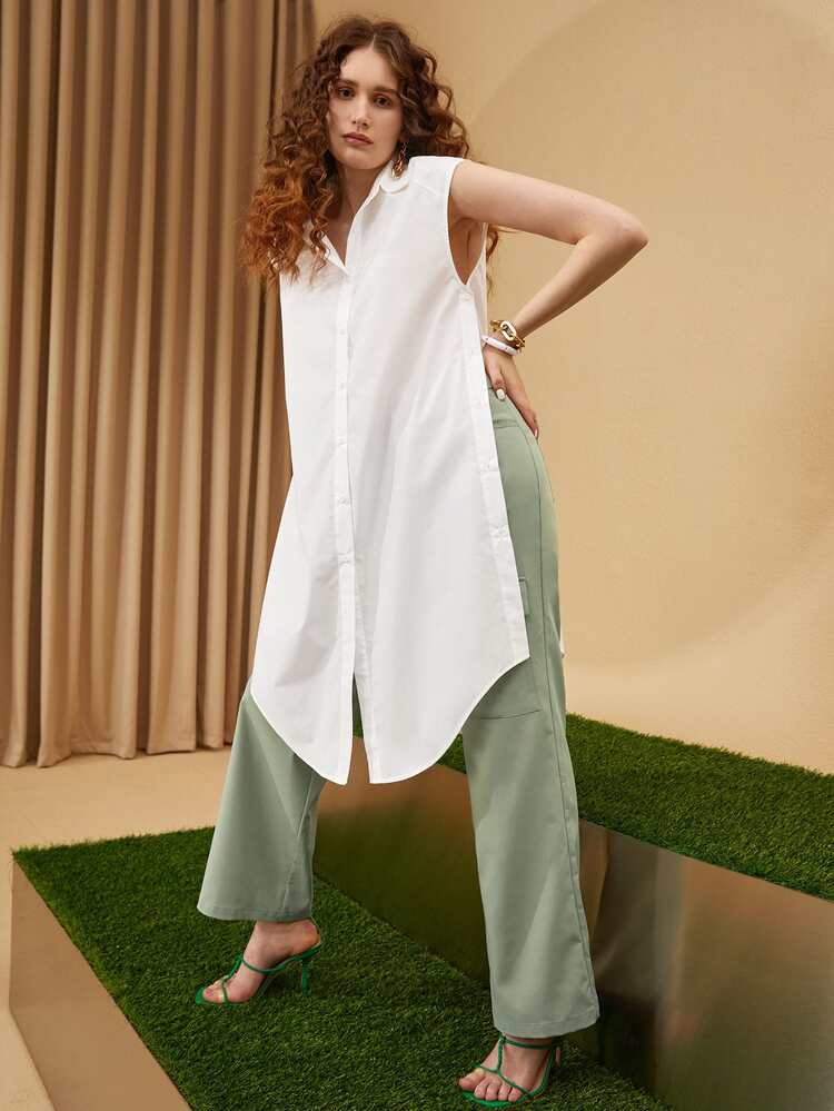 SHEIN Collared Split Side Sleeveless Longline Blouse - White - View 3