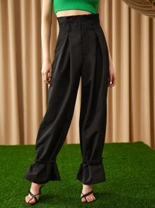SHEIN Fold Pleated Strap Hem Trousers - Black - View 1