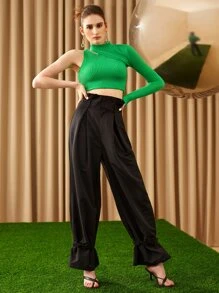 SHEIN Fold Pleated Strap Hem Trousers - Black - View 3