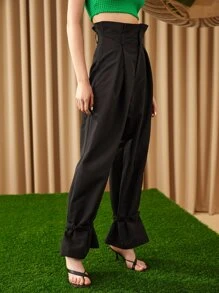 SHEIN Fold Pleated Strap Hem Trousers - Black - View 4