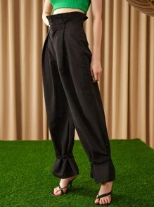 SHEIN Fold Pleated Strap Hem Trousers - Black - View 5