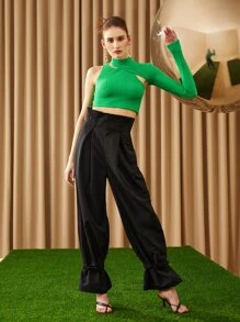 SHEIN Fold Pleated Strap Hem Trousers - Black - View 9