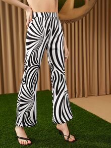 SHEIN Zebra Print High Waist Flare Leg Trousers - Black and White - View 4