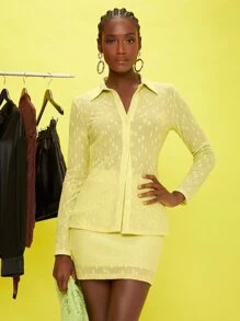 SHEIN Solid Button Front Top & Bodycon Skirt Set - Yellow - View 2