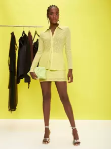 SHEIN Solid Button Front Top & Bodycon Skirt Set - Yellow - View 1