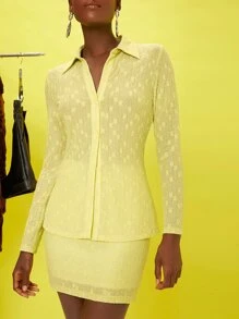 SHEIN Solid Button Front Top & Bodycon Skirt Set - Yellow - View 4