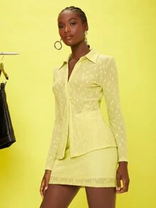 SHEIN Solid Button Front Top & Bodycon Skirt Set - Yellow - View 5