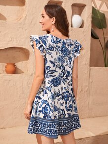 SHEIN VCAY Vestido floral de manga mariposa - Azul y blanco - Ver 2