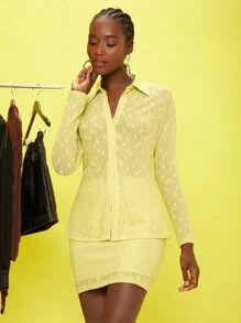 SHEIN Solid Button Front Top & Bodycon Skirt Set - Yellow - View 6