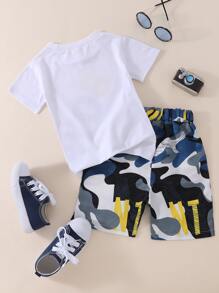 SHEIN 男童字母和迷彩打印t恤和短褲