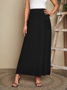 EMERY ROSE Falda amplia de cintura elástica unicolor con parche de bolsillo - Negro - Ver 1