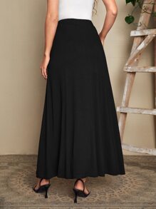 EMERY ROSE Falda amplia de cintura elástica unicolor con parche de bolsillo - Negro - Ver 2