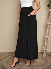 EMERY ROSE Falda amplia de cintura elástica unicolor con parche de bolsillo - Negro - Ver 3