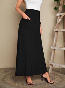 EMERY ROSE Falda amplia de cintura elástica unicolor con parche de bolsillo - Negro - Ver 4