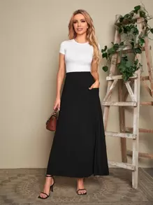 EMERY ROSE Falda amplia de cintura elástica unicolor con parche de bolsillo - Negro - Ver 5