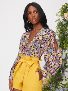 SHEIN Privé Allover Floral Print Cutout Top - Multicolor - View 1