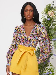 SHEIN Privé Allover Floral Print Cutout Top - Multicolor - View 4