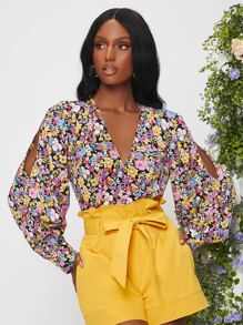 SHEIN Privé Allover Floral Print Cutout Top - Multicolor - View 5