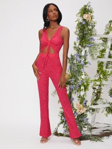 SHEIN BAE Drawstring Cut Out Front Split Back Flare Leg Lace Jumpsuit - Watermelon Pink - View 1