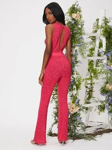 SHEIN BAE Drawstring Cut Out Front Split Back Flare Leg Lace Jumpsuit - Watermelon Pink - View 2