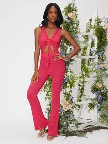 SHEIN BAE Drawstring Cut Out Front Split Back Flare Leg Lace Jumpsuit - Watermelon Pink - View 3