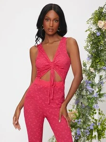 SHEIN BAE Drawstring Cut Out Front Split Back Flare Leg Lace Jumpsuit - Watermelon Pink - View 5