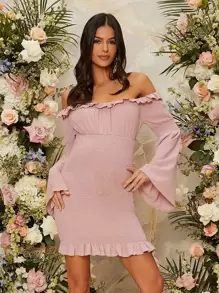 SHEIN Maternidad Vestido de hombros descubiertos fruncido con fruncido bajo con fruncido - Rosa Pálido - Ver 1