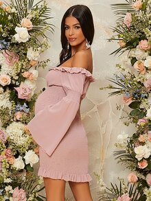SHEIN Maternidad Vestido de hombros descubiertos fruncido con fruncido bajo con fruncido - Rosa Pálido - Ver 2