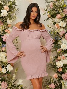 SHEIN Maternidad Vestido de hombros descubiertos fruncido con fruncido bajo con fruncido - Rosa Pálido - Ver 3