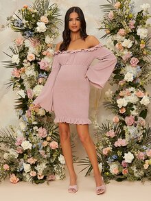SHEIN Maternidad Vestido de hombros descubiertos fruncido con fruncido bajo con fruncido - Rosa Pálido - Ver 4