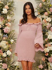 SHEIN Maternidad Vestido de hombros descubiertos fruncido con fruncido bajo con fruncido - Rosa Pálido - Ver 6