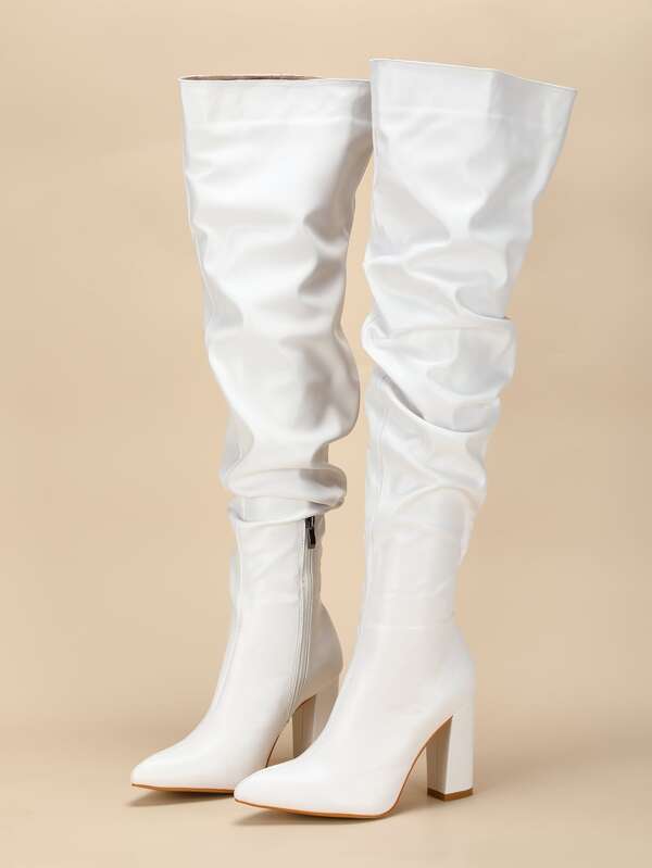 Women's Chunky Heel Pointed Toe Knee-High White Boots With Zipper Closure And Wrinkled Design For Autumn/Winter,Match Any Black Dress