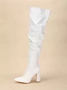 女士粗跟尖头过膝白色长靴，拉链闭合，褶皱设计，适合秋冬季节，可搭配任何黑色连衣裙，适合派对穿着。 - 白色 - 查看 3