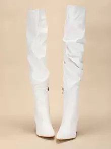 女士粗跟尖头过膝白色长靴，拉链闭合，褶皱设计，适合秋冬季节，可搭配任何黑色连衣裙，适合派对穿着。 - 白色 - 查看 4