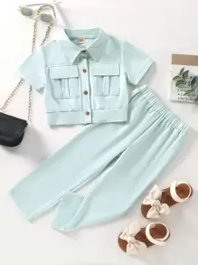 小女童翻蓋口袋襯衫和褲子